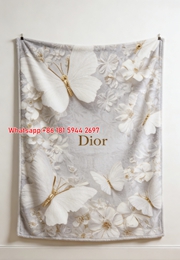 Dior White Butterfly Floral Flannel Sofa Throw Blanket D217